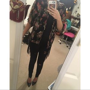 Boho black floral kimono with tassels Pacsun